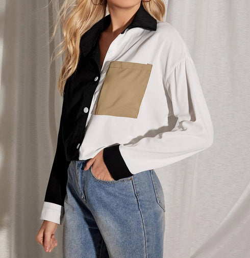 Contrast Stitching Top Pocket Long-Sleeved Chiffon Shirt